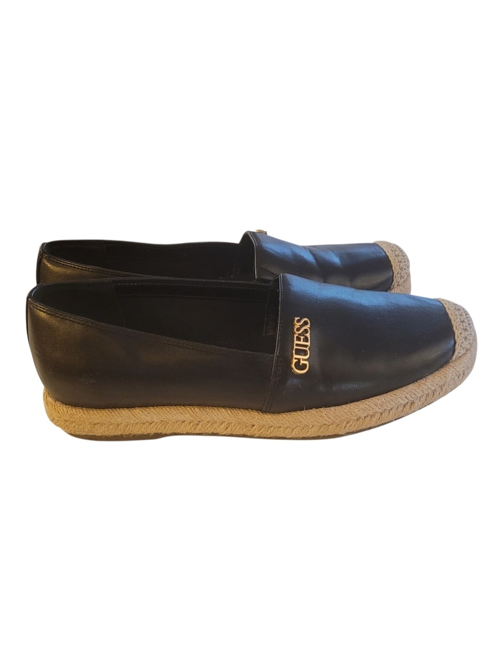 Guess Black Leather Espadrille Slip-Ons with Gold Logo